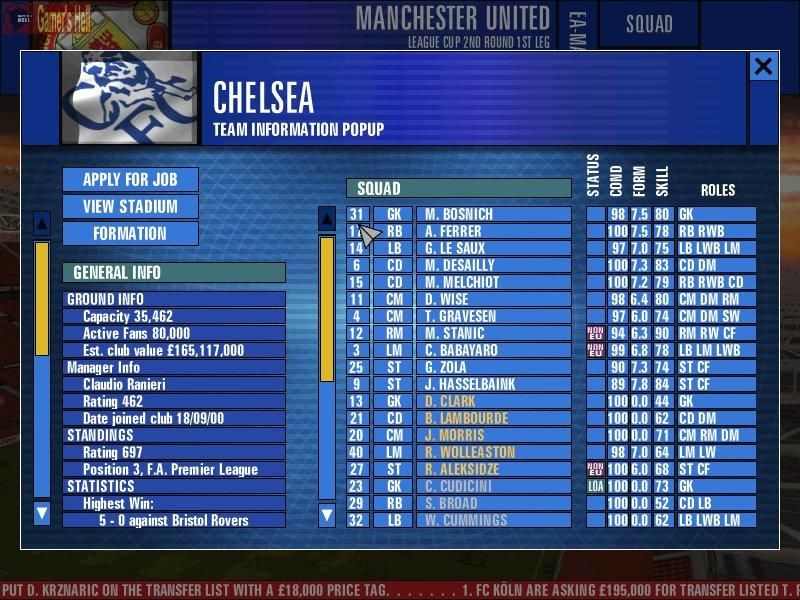 manager premier league fa football 2000 pc 2002 speed overview screens